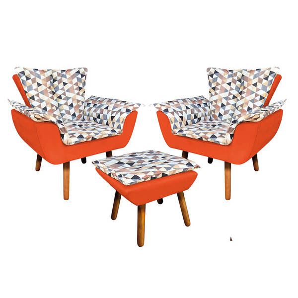 Kit 02 Poltronas Com Puff Opala Composê D87 Com Suede Laranja