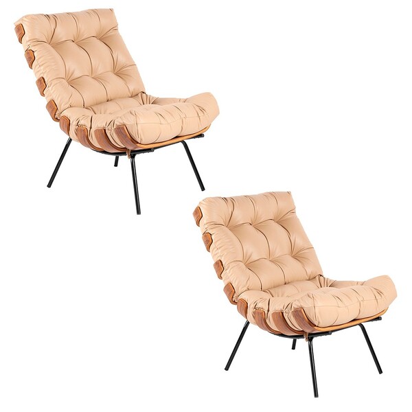 Kit 02 Poltronas Costela Couro Legítimo Bege Base Metálica Pr