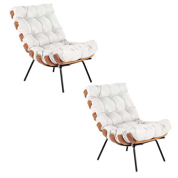 Kit 02 Poltronas Costela Couro Legítimo Branco Base Metálica