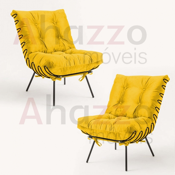 Kit 02 Poltronas Costela Industrial Ferro Preto Sala De Estar