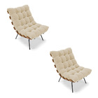 Kit 02 Poltronas Costela Linho Areia A27 Base Metálica Preto