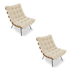 Kit 02 Poltronas Costela Linho Grosso Bege A19 Base Metálica