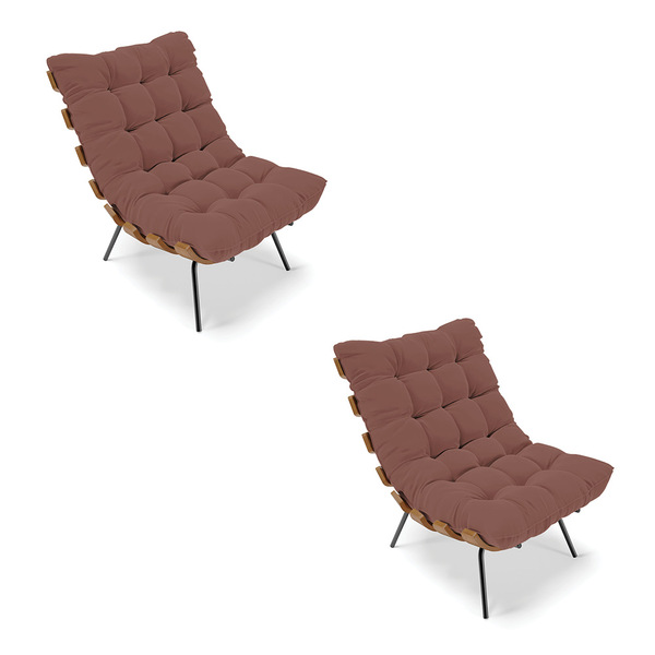 Kit 02 Poltronas Costela Veludo Rosê Base Metálica Preto - D'