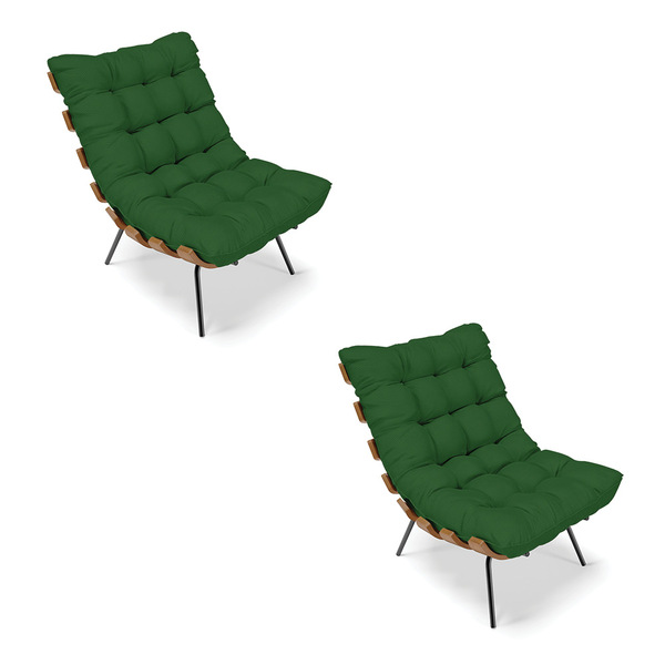 Kit 02 Poltronas Costela Veludo Verde A136 Luxo Base Metálica