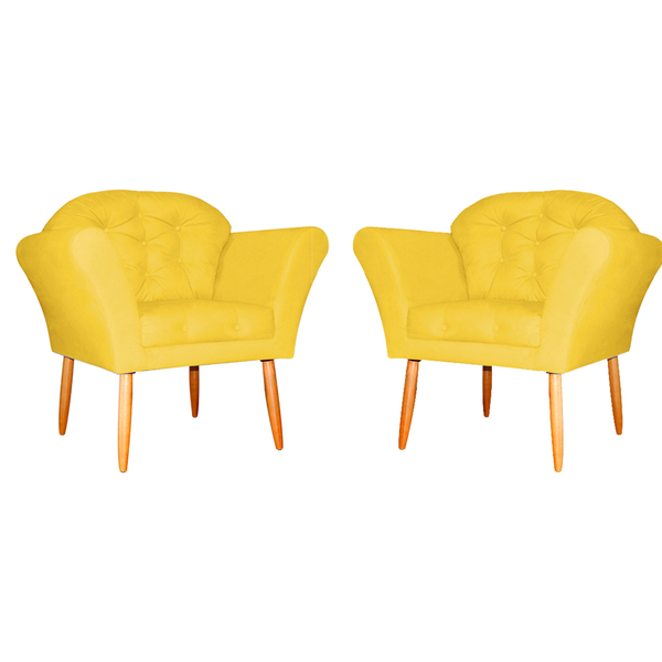 Kit 02 Poltronas Decorativa Amélia Pés Palito Suede Amarelo -