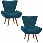 Kit 02 Poltronas Decorativa Bella Pés Madeira Suede Azul Mari