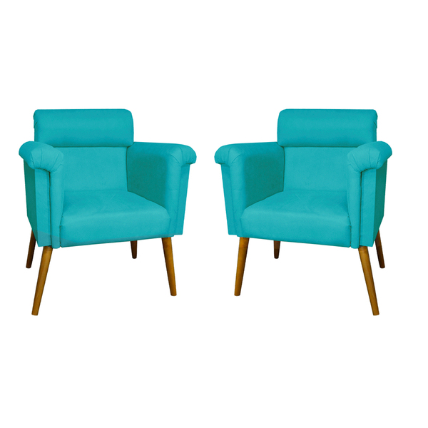 Kit 02 Poltronas Decorativa Elisa Pés Palito Suede Azul Turqu