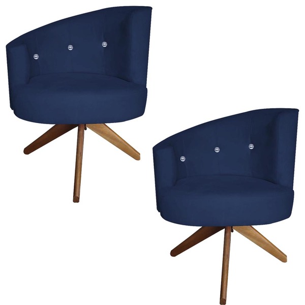 Kit 02 Poltronas Decorativa Giovana Base Giratória Suede Azul