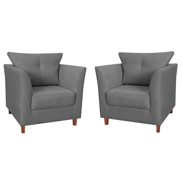 Kit 02 Poltronas Decorativa Isis Pés De Madeira Suede Cinza -