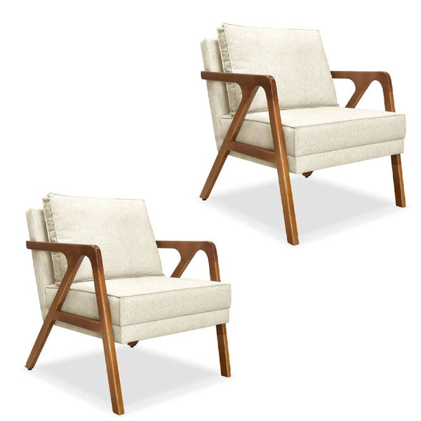 Kit 02 Poltronas Decorativa Laura Linho Base Madeira - Ssx Mu