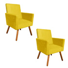 Kit 02 Poltronas Decorativa Nina Pés Madeira Corano Amarelo