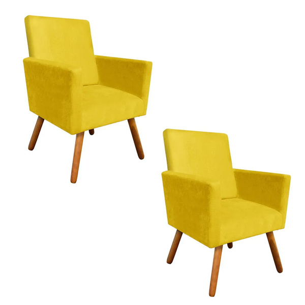 Kit 02 Poltronas Decorativa Nina Pés Madeira Corano Amarelo