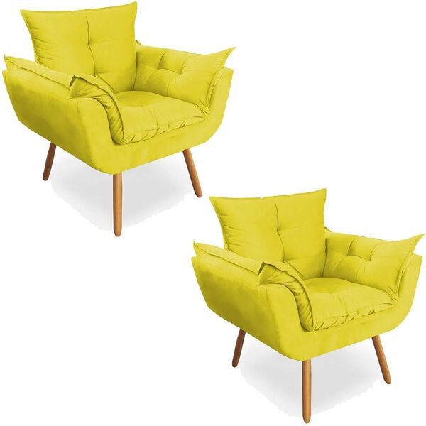 Kit 02 Poltronas Decorativa Opala Deluxe Suede Amarelo
