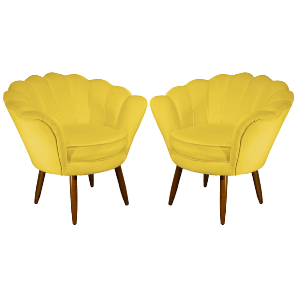 Kit 02 Poltronas Decorativa Pétala Pés Palito Suede Amarelo -