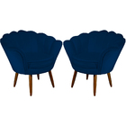 Kit 02 Poltronas Decorativa Pétala Pés Palito Suede Azul Mari