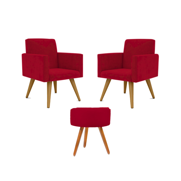 Kit 02 Poltronas Decorativas + Puff Decorativo Redondo Sala V