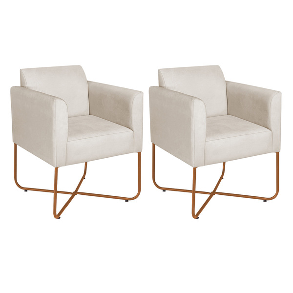 Kit 02 Poltronas Decorativas Andréia Base X Bronze Linho - Be