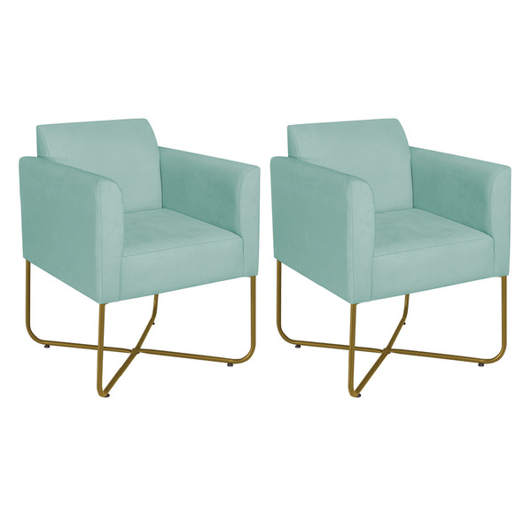 Kit 02 Poltronas Decorativas Andréia Base X Dourada Linho - A