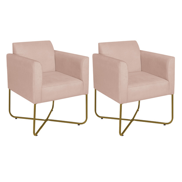 Kit 02 Poltronas Decorativas Andréia Base X Dourada Suede - R