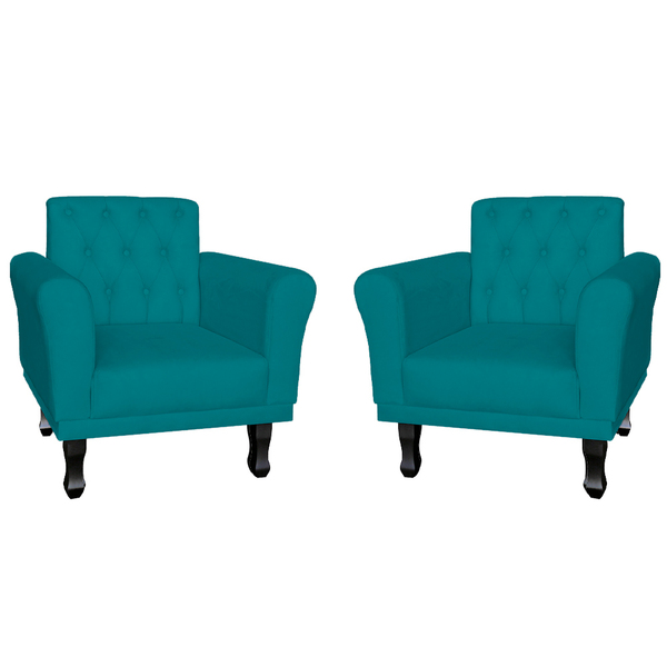 Kit 02 Poltronas Decorativas Classic Pés Luis Xv Suede Azul T