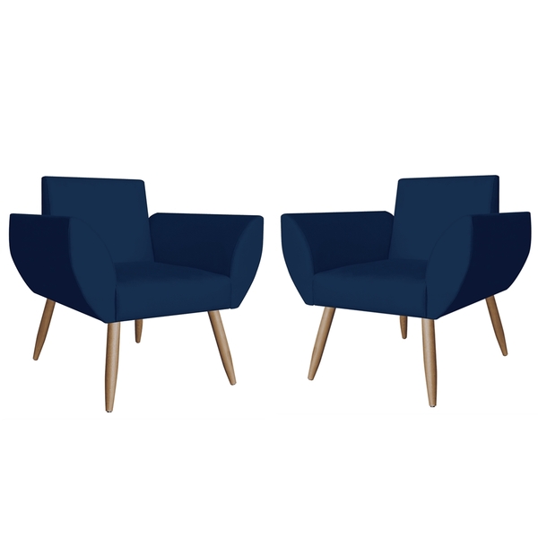 Kit 02 Poltronas Decorativas Flora Pés Palito Suede Azul Mari