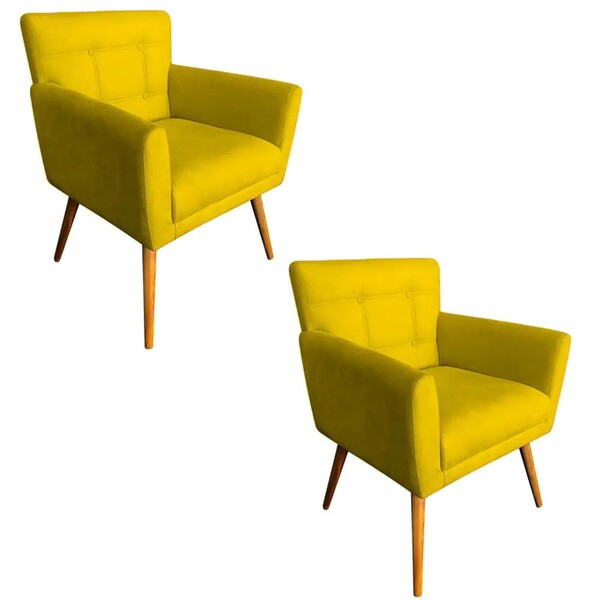 Kit 02 Poltronas Decorativas Onix Pés Madeira Suede Amarelo
