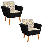 Kit 02 Poltronas Dora Estampado D77 Com Suede Preto Pés Palit
