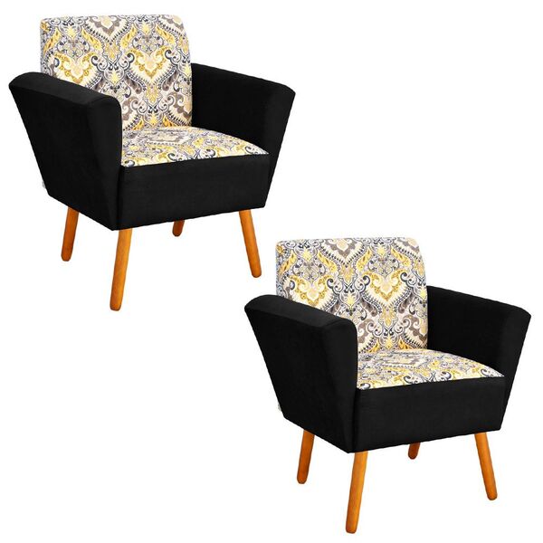Kit 02 Poltronas Dora Estampado D77 Com Suede Preto Pés Palit