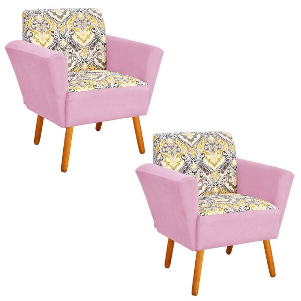 Kit 02 Poltronas Dora Estampado D77 Com Suede Rosa Bebê Pés P