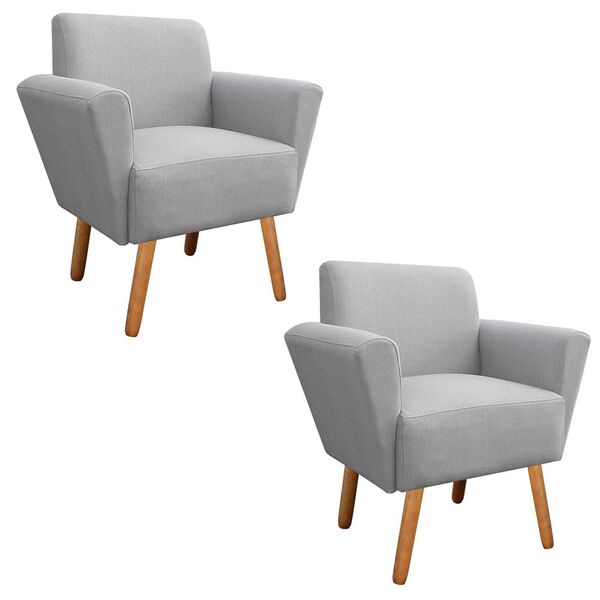 Kit 02 Poltronas Dora Linho Cinza A05 Pés Palito Castanho D'r