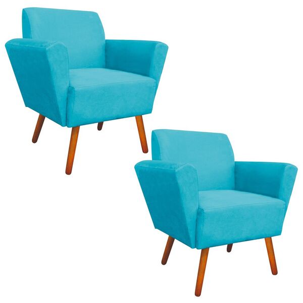 Kit 02 Poltronas Dora Suede Azul Turquesa Pés Palito Castanho