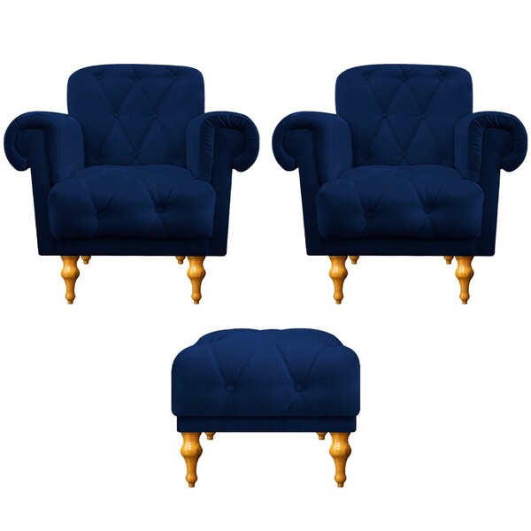 Kit 02 Poltronas E 01 Puff Dani Suede Azul Marinho - Amarena