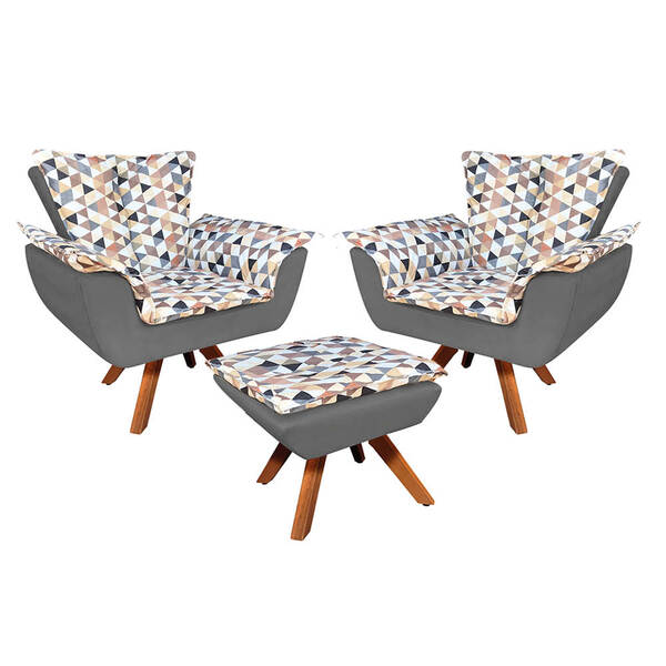 Kit 02 Poltronas E 01 Puff Giratório Opala Composê D87 Suede