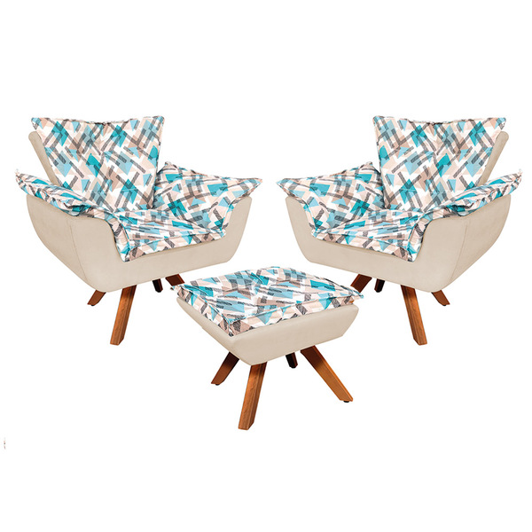 Kit 02 Poltronas E 01 Puff Giratório Opala Suede Com D33 Base