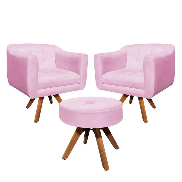 Kit 02 Poltronas E 01 Puff Julia Giratória Suede Base Madeira