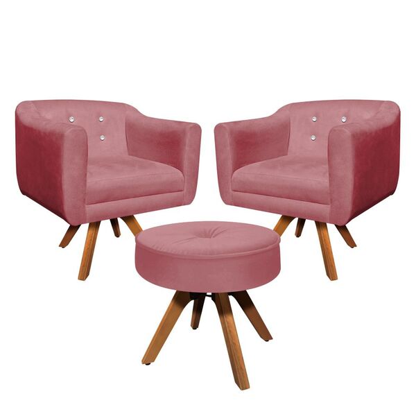 Kit 02 Poltronas E 01 Puff Julia Giratória Suede Base Madeira