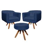 Kit 02 Poltronas E 01 Puff Julia Giratória Suede Base Madeira