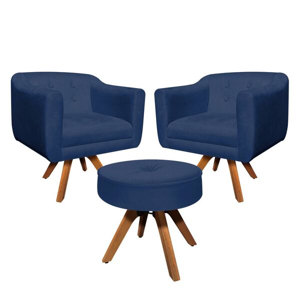 Kit 02 Poltronas E 01 Puff Julia Giratória Suede Base Madeira