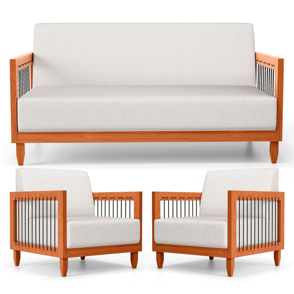 Kit 02 Poltronas E 01 Sofá Samoa Madeira Maciça Com Cordas Ná