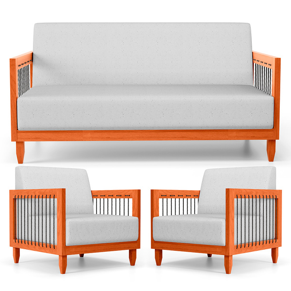 Kit 02 Poltronas E 01 Sofá Samoa Madeira Maciça Com Cordas Ná