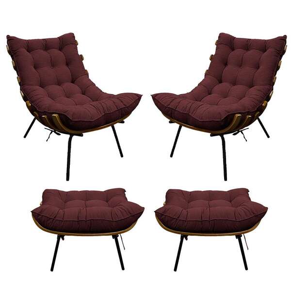 Kit 02 Poltronas E 02 Puffs Costela Base Fixa Corano - Amaren