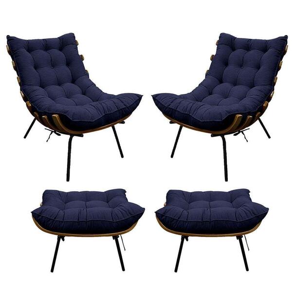 Kit 02 Poltronas E 02 Puffs Costela Base Fixa Corano Azul Mar