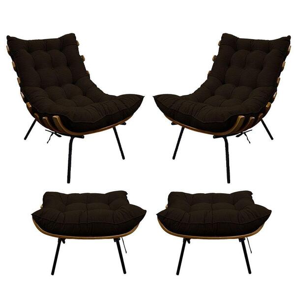 Kit 02 Poltronas E 02 Puffs Costela Base Fixa Corano Marrom