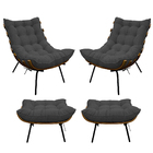 Kit 02 Poltronas E 02 Puffs Costela Base Fixa Linho - Amarena