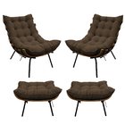 Kit 02 Poltronas E 02 Puffs Costela Base Fixa Suede - Amarena