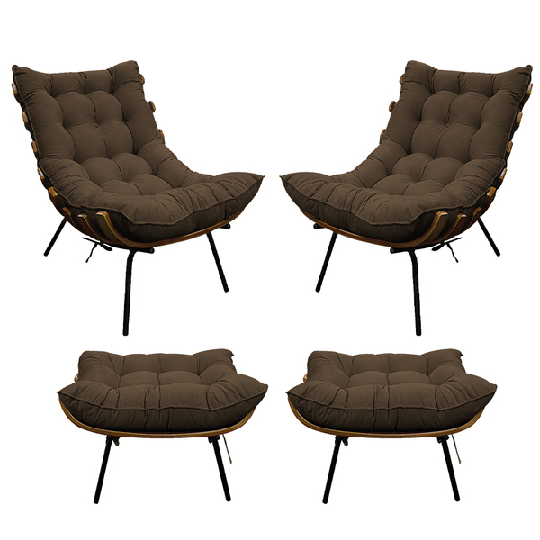 Kit 02 Poltronas E 02 Puffs Costela Base Fixa Suede - Amarena