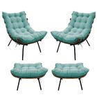 Kit 02 Poltronas E 02 Puffs Costela Base Fixa Suede Cor Azul