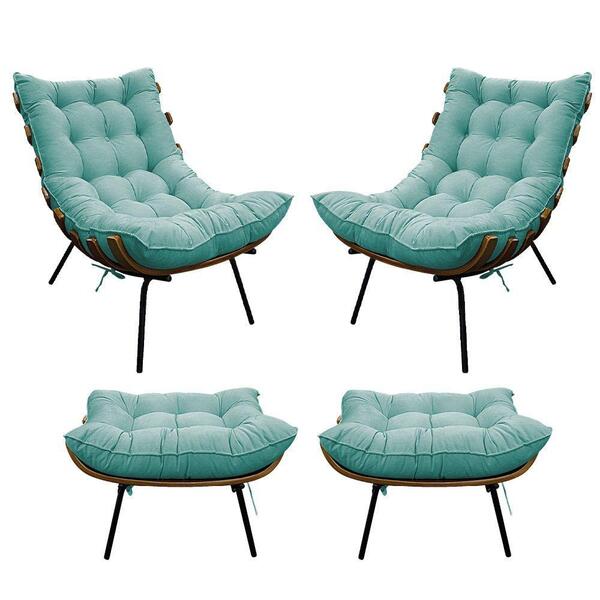 Kit 02 Poltronas E 02 Puffs Costela Base Fixa Suede Cor Azul