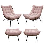 Kit 02 Poltronas E 02 Puffs Costela Base Fixa Suede Cor Rosê