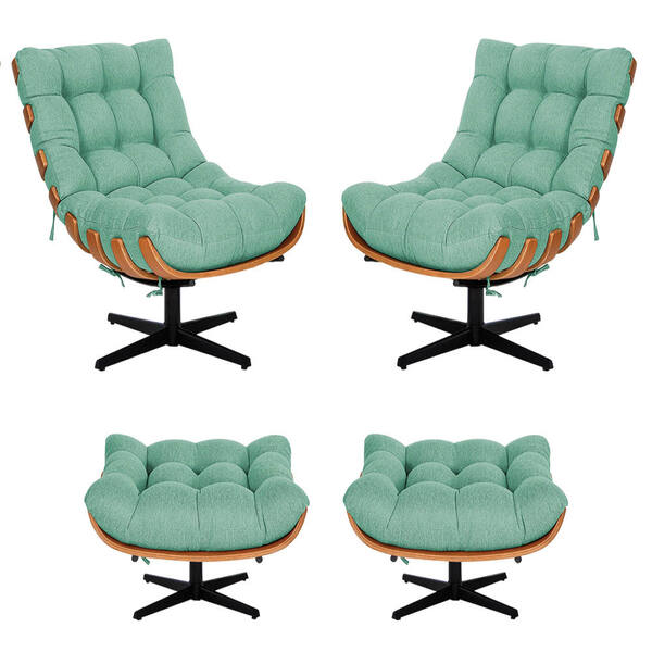 Kit 02 Poltronas E 02 Puffs Costela Base Giratória Linho Azul